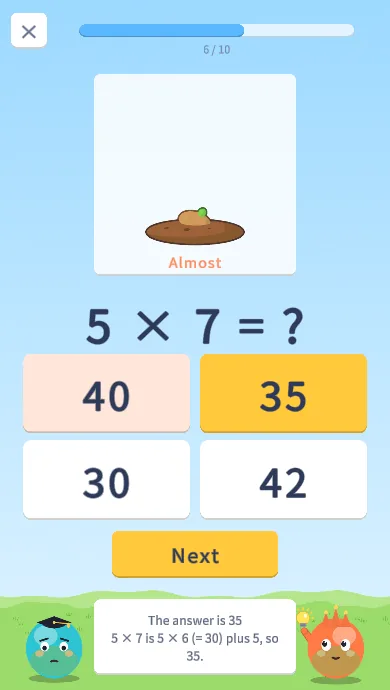 Times Table Garden after a wrong answer to 5 × 7. The answer 35 is highlighted and the hint reads: The answer is 35. 5 × 7 is 5 × 6 (= 30) plus 5, so 35.