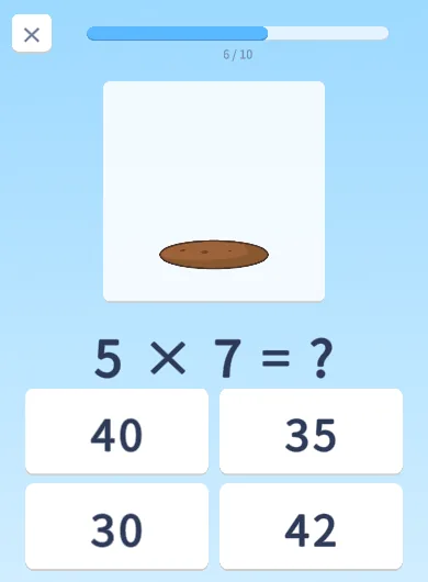 Times Table Garden question screen: 5 × 7 = ? with four answer buttons: 40, 35, 30 and 42. A progress bar shows 6 / 10.