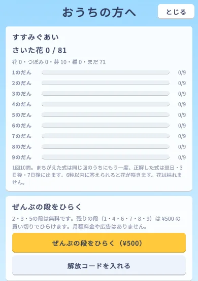 九九ガーデンの「おうちの方へ」の画面。さいた花 0/81、1のだんから9のだんまでの進み具合のバー、ぜんぶの段をひらくボタンがある