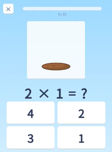 九九ガーデンの問題の画面。「2×1=?」の下に、4・2・3・1 の4つの答えのボタンが並んでいる